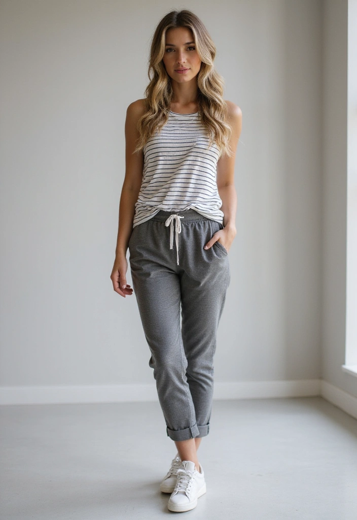 27 Chic Grey Pants Outfit To Copy Right Now - 15. Striped Top and Grey Trousers