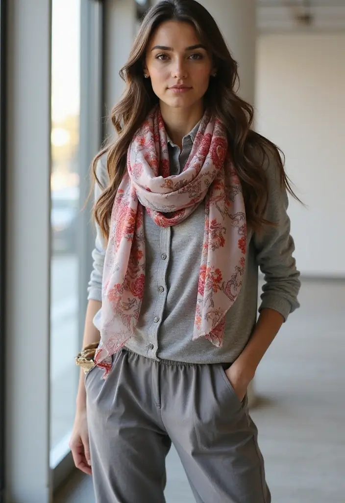 27 Chic Grey Pants Outfit To Copy Right Now - 16. Printed Scarf with Grey Pants