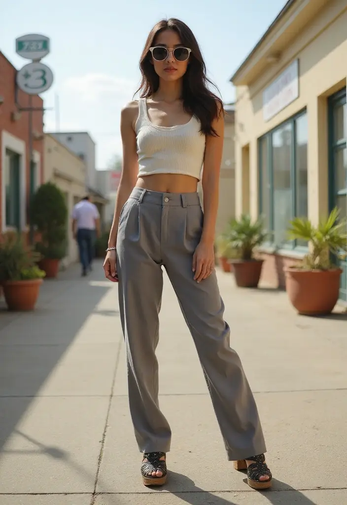 27 Chic Grey Pants Outfit To Copy Right Now - 18. Retro Vibes with High-Waisted Pants