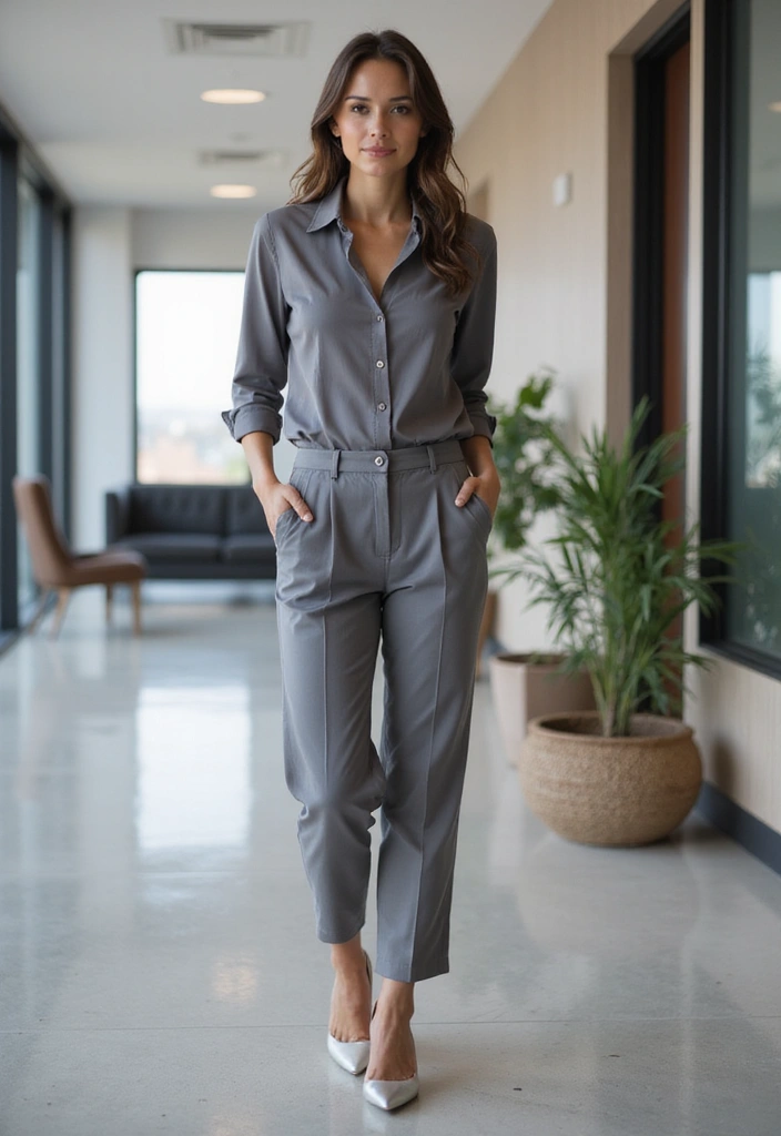 27 Chic Grey Pants Outfit To Copy Right Now - 22. Stylish Workwear with Grey Chinos