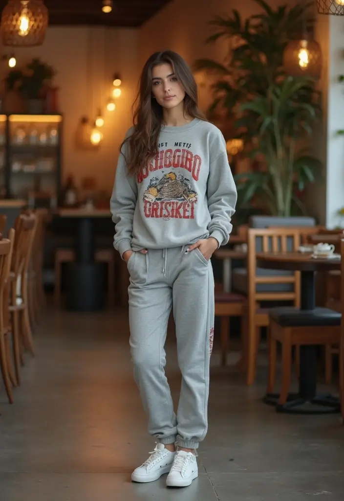 27 Chic Grey Pants Outfit To Copy Right Now - 24. Vintage Graphic Sweatshirt with Grey Pants