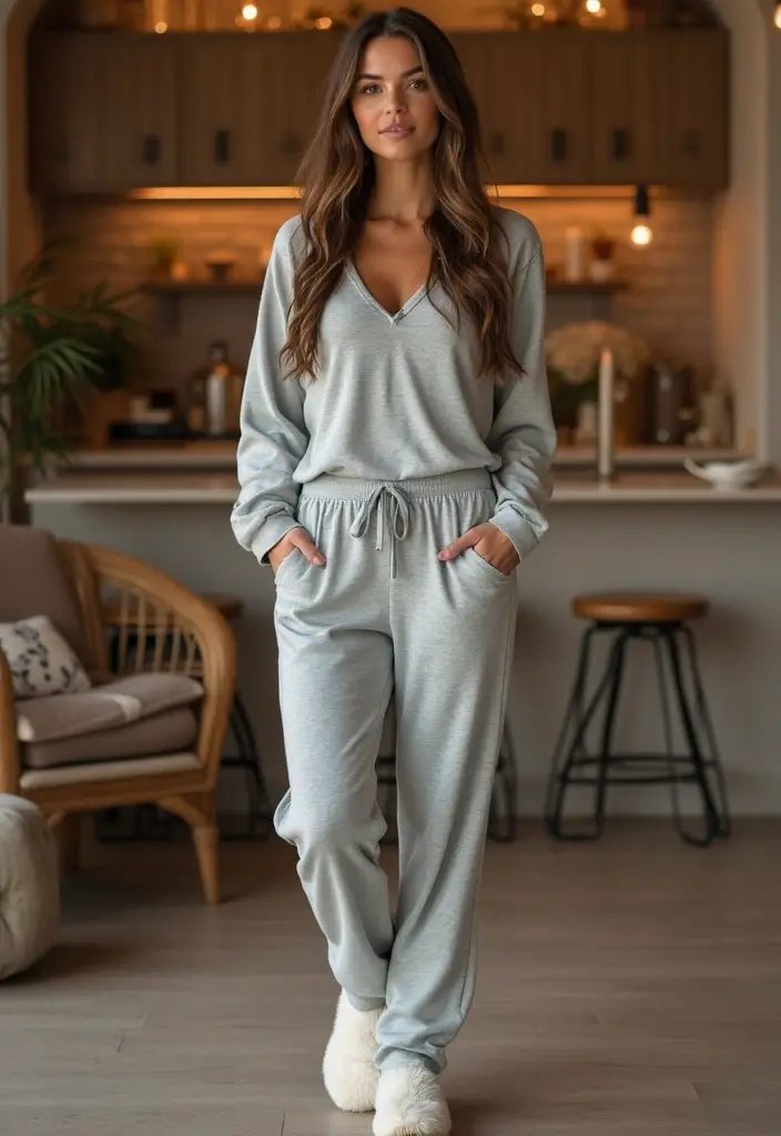 27 Chic Grey Pants Outfit To Copy Right Now - 26. Chic Loungewear with Grey Pajama Pants