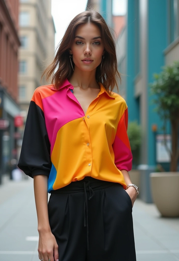 27 Cute Girl Aesthetic Outfit That Flatter Every Figure - 18. Color Blocked Top with Wide Leg Pants