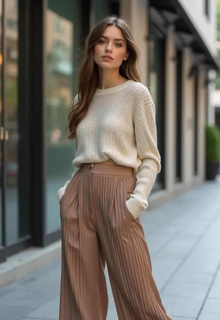 27 Cute Girl Aesthetic Outfit That Flatter Every Figure - 20. Pleated Culottes with a Soft Knit Top