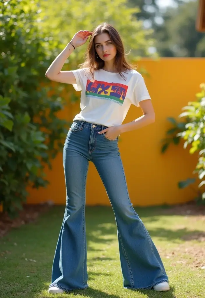 27 Cute Girl Aesthetic Outfit That Flatter Every Figure - 21. Flared Jeans with a Vintage Tee