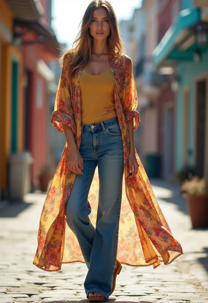 27 Cute Girl Aesthetic Outfit That Flatter Every Figure - 23. Long Kimono with Straight Leg Jeans
