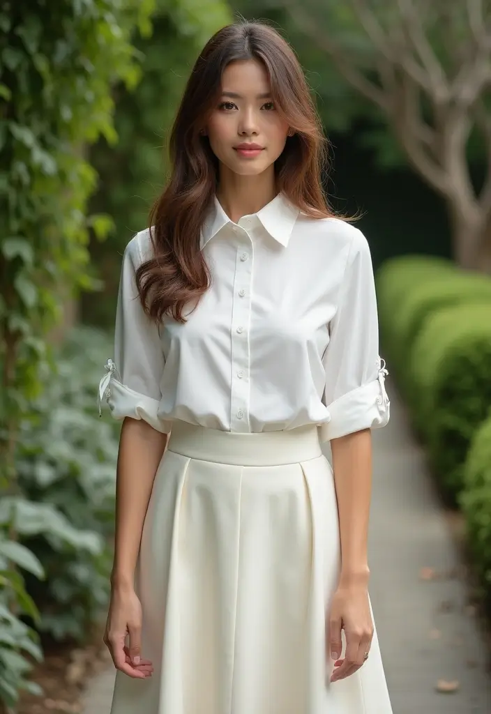 27 Cute Girl Aesthetic Outfit That Flatter Every Figure - 27. Classic White Shirt with a Midi Skirt