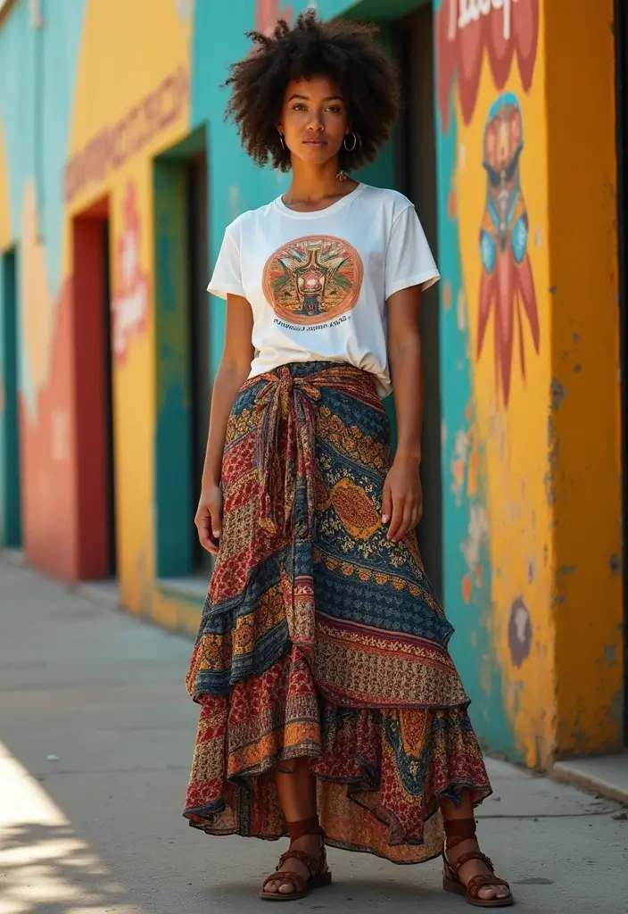 27 Cute Girl Aesthetic Outfit That Flatter Every Figure - 8. Layered Maxi Skirt with a Graphic Tee