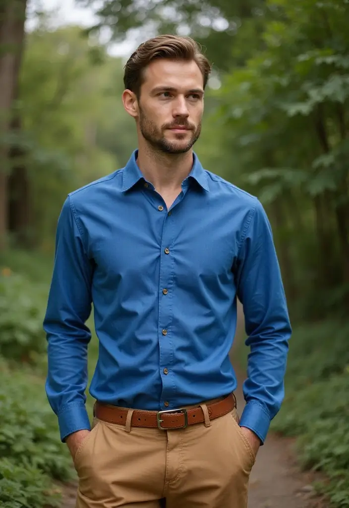 27 Outfit Camisa Azul Hombre Styling Tips To Wear With Confidence - 1. Pair with Earthy Tones