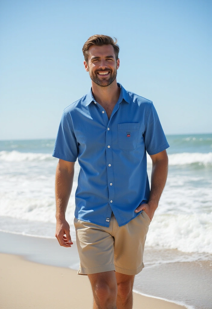 27 Outfit Camisa Azul Hombre Styling Tips To Wear With Confidence - 10. Weekend Vibes with Shorts