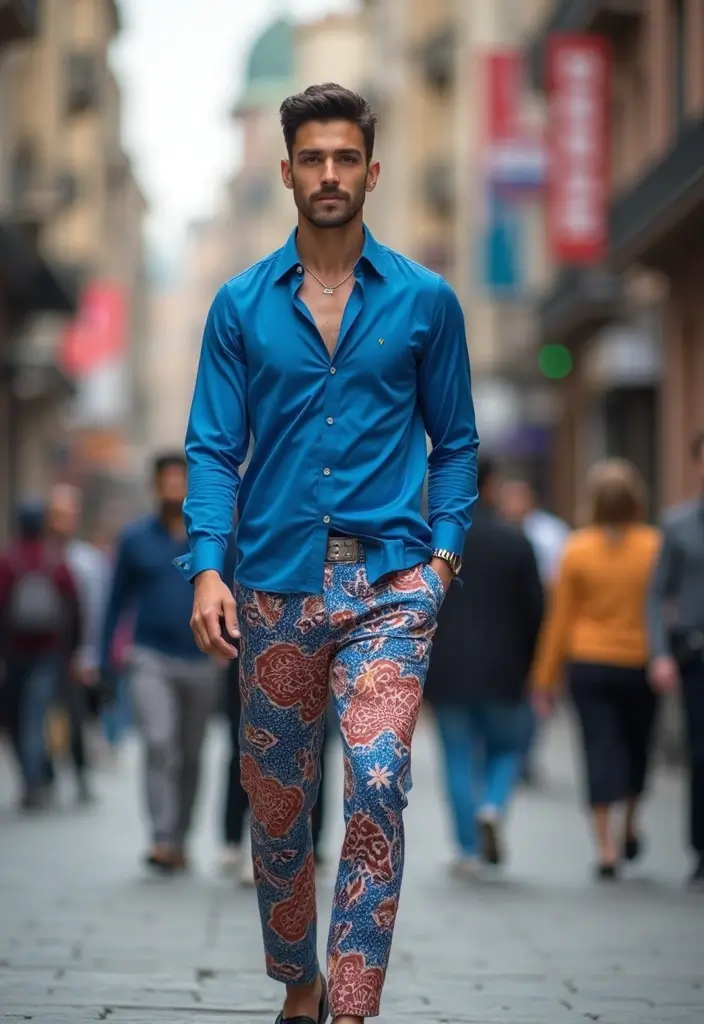 27 Outfit Camisa Azul Hombre Styling Tips To Wear With Confidence - 15. Complement with Bold Patterns