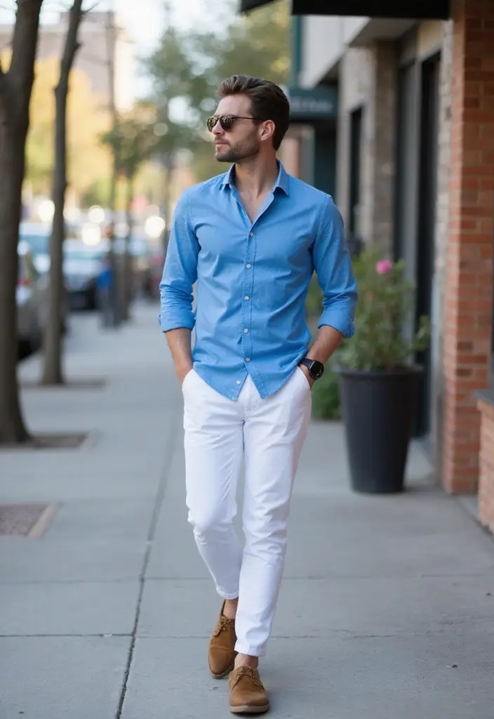 27 Outfit Camisa Azul Hombre Styling Tips To Wear With Confidence - 16. Classic White Bottoms