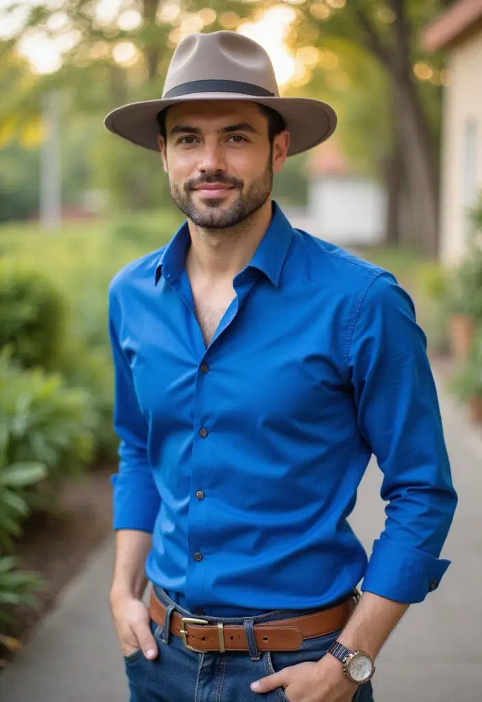 27 Outfit Camisa Azul Hombre Styling Tips To Wear With Confidence - 20. Add a Brimmed Hat