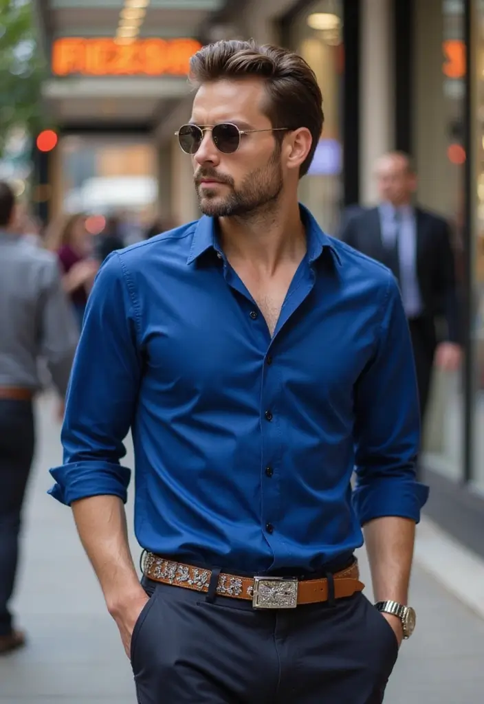 27 Outfit Camisa Azul Hombre Styling Tips To Wear With Confidence - 21. Pair with Statement Belts