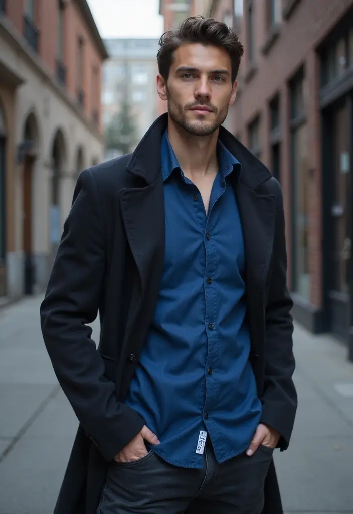 27 Outfit Camisa Azul Hombre Styling Tips To Wear With Confidence - 22. Try Layering with a Long Coat