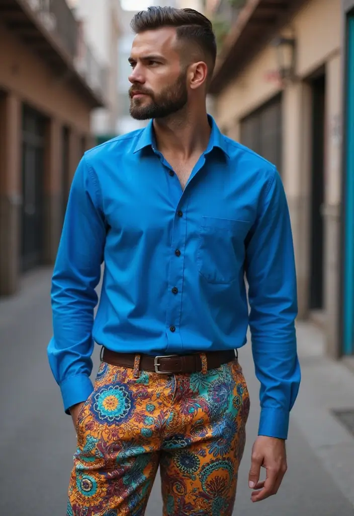 27 Outfit Camisa Azul Hombre Styling Tips To Wear With Confidence - 26. Go Bold with Colorful Bottoms