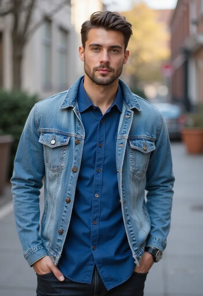 27 Outfit Camisa Azul Hombre Styling Tips To Wear With Confidence - 3. Layer with a Sustainable Jacket