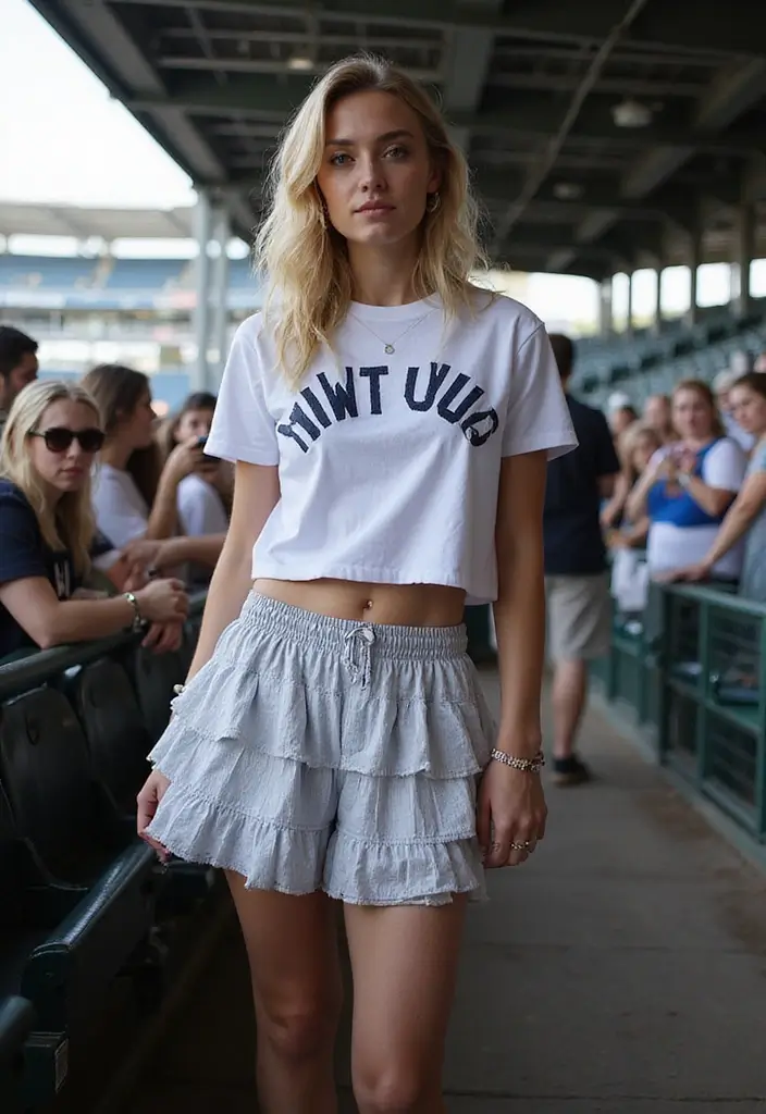 27 Trendy Yankees Game Outfit To Refresh Your Closet - 13. Layered Skirt with Yankees T-Shirt
