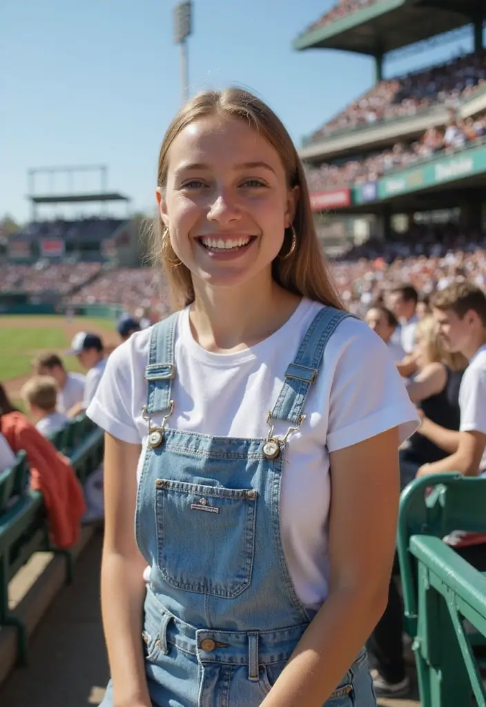 27 Trendy Yankees Game Outfit To Refresh Your Closet - 8. Classic White Tee and Overalls
