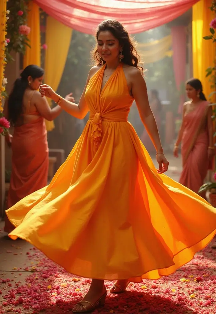28 Haldi Outfit Ideas That Feel Effortless - 16. Bright Halter Neck Dress