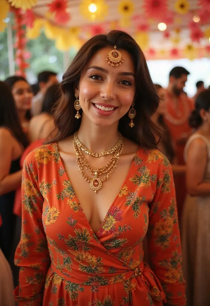 28 Haldi Outfit Ideas That Feel Effortless - 26. Vibrant Wrap Dress