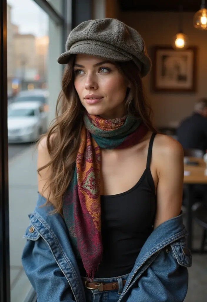 28 Kangol Hats Women Outfit Styling Tips To Wear With Confidence - 12. Layering with Scarves