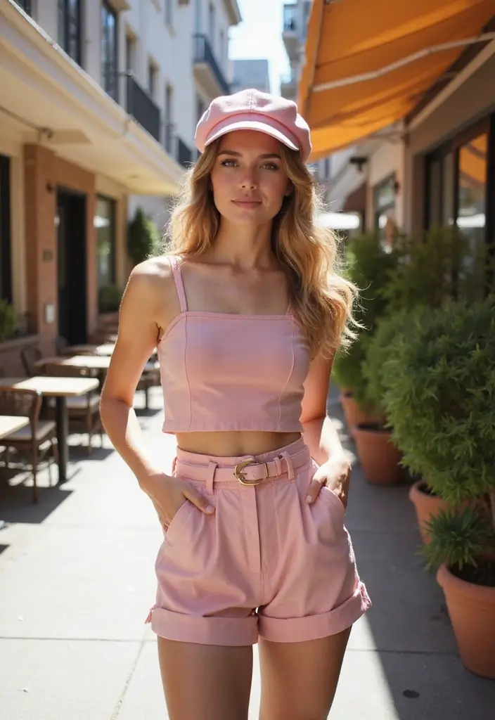 28 Must-Try Pink Hat Outfit Combos This Season - 10. Retro Glam with High-Waisted Shorts