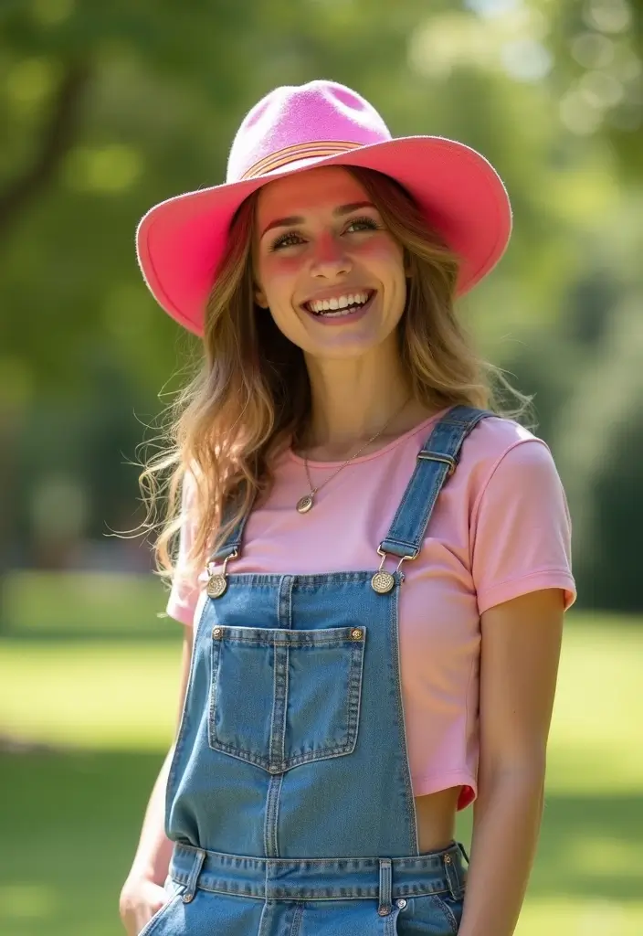 28 Must-Try Pink Hat Outfit Combos This Season - 16. Playful Layering with Overalls