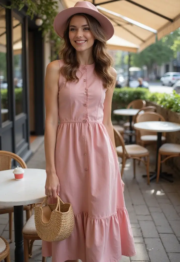 28 Must-Try Pink Hat Outfit Combos This Season - 20. Subtle Elegance with a Midi Dress