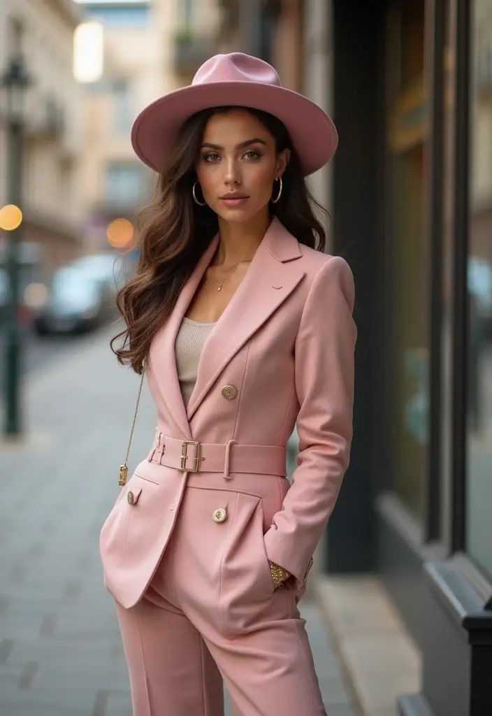 28 Must-Try Pink Hat Outfit Combos This Season - 23. Vintage Inspired with a Classic Blazer