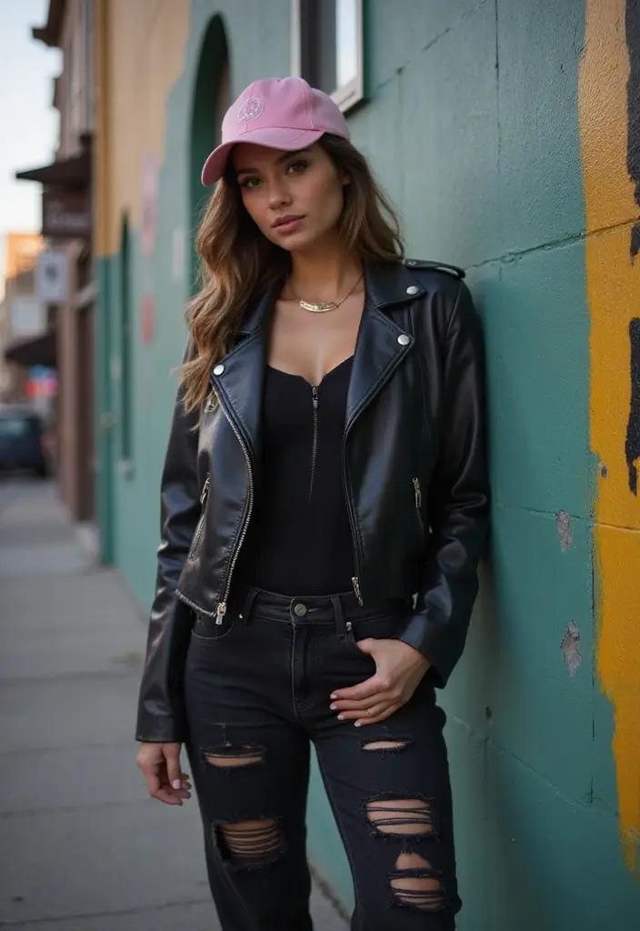 28 Must-Try Pink Hat Outfit Combos This Season - 6. Edgy Look with Leather Jacket