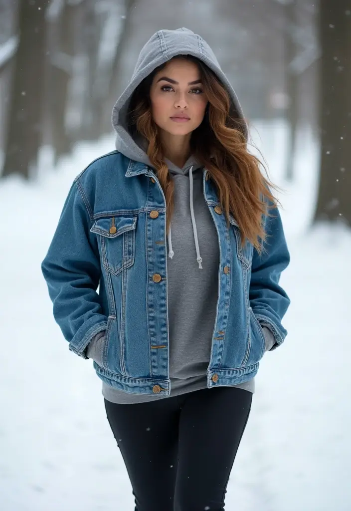 28 Outfit Cold Weather That Flatter Every Figure - 10. Denim Jacket with Layering