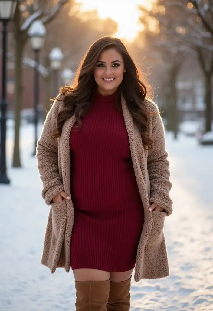 28 Outfit Cold Weather That Flatter Every Figure - 22. Cozy Layering Dress