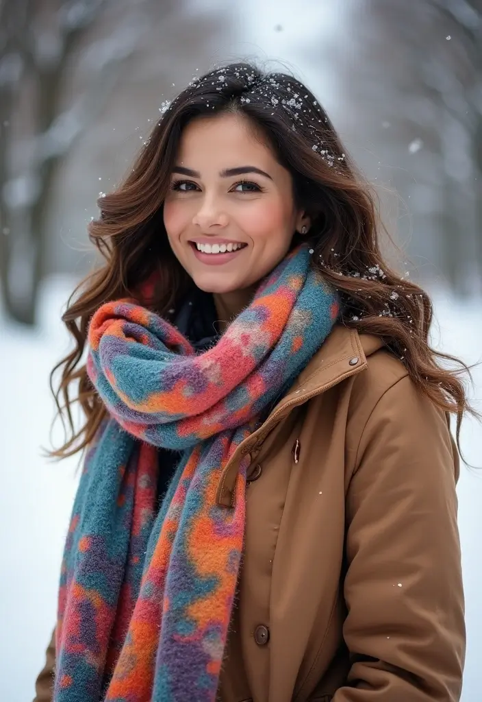 28 Outfit Cold Weather That Flatter Every Figure - 26. Printed Winter Scarf