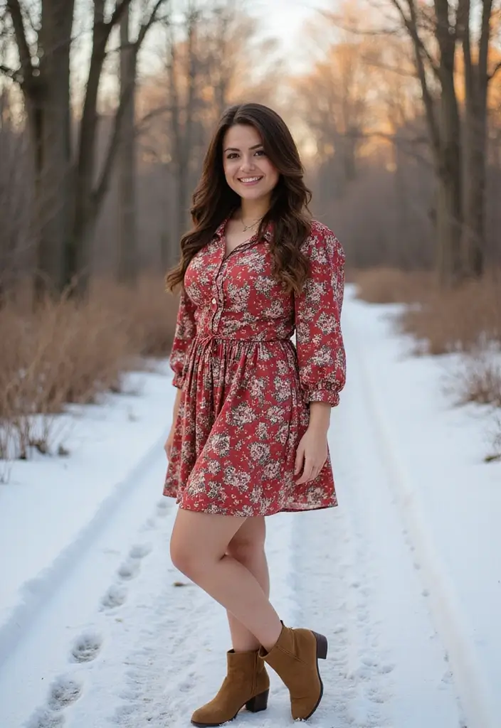 28 Outfit Cold Weather That Flatter Every Figure - 27. Floral Long Sleeve Dress