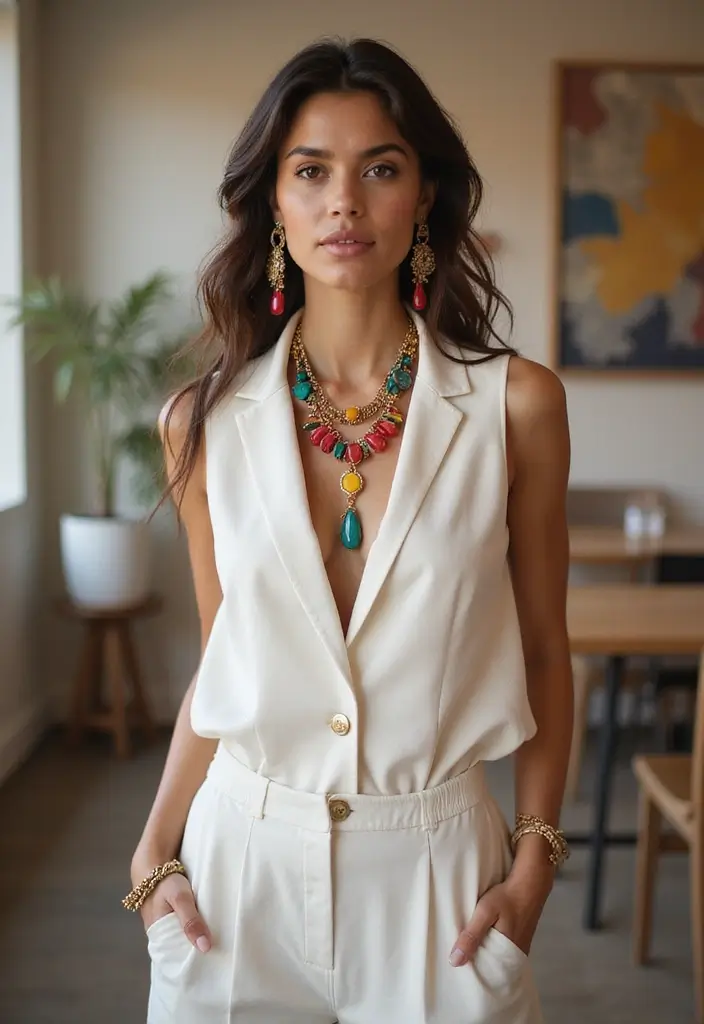 28 Stylish White Vest Outfits for Every Occasion - 11. Statement Accessories