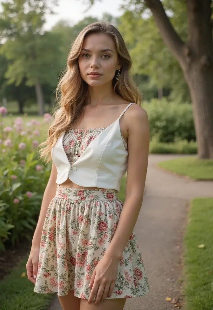 28 Stylish White Vest Outfits for Every Occasion - 16. Vintage-Inspired with a Floral Skirt