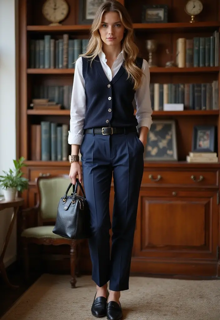 28 Trendy Outfit Pantalon Azul Marino Mujer To Refresh Your Closet - 10. Preppy Style with a Sweater Vest