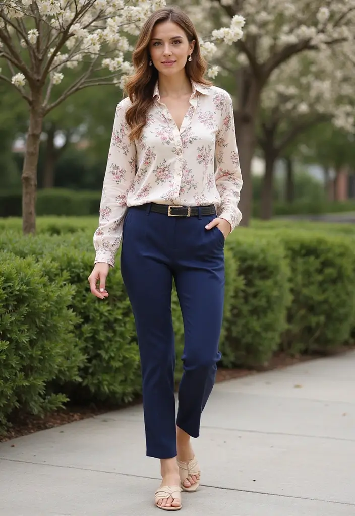 28 Trendy Outfit Pantalon Azul Marino Mujer To Refresh Your Closet - 11. Feminine Touch with a Floral Blouse