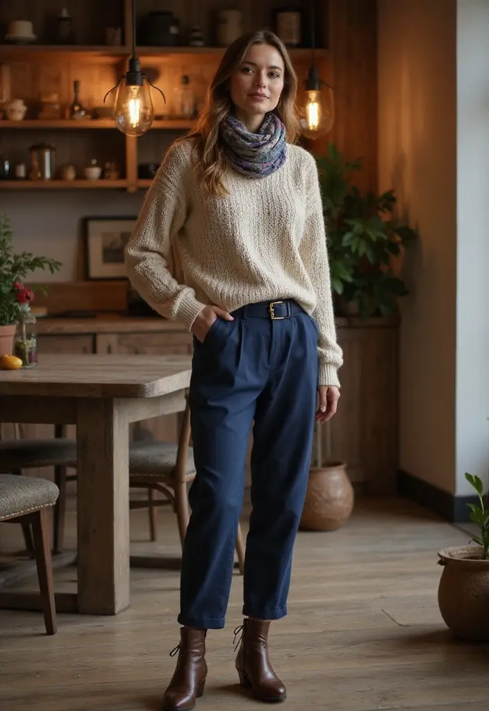 28 Trendy Outfit Pantalon Azul Marino Mujer To Refresh Your Closet - 14. Cozy Layers with a Chunky Knit Sweater