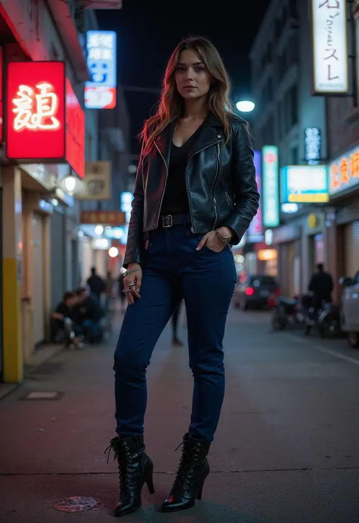 28 Trendy Outfit Pantalon Azul Marino Mujer To Refresh Your Closet - 15. Edgy Look with Leather Jacket