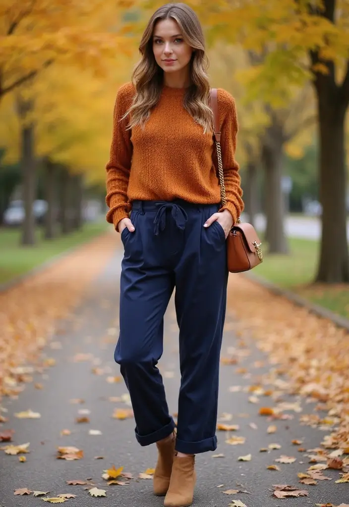 28 Trendy Outfit Pantalon Azul Marino Mujer To Refresh Your Closet - 16. Warm Tones with a Rust-Colored Sweater