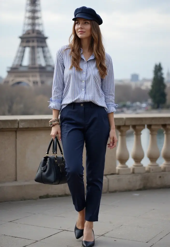 28 Trendy Outfit Pantalon Azul Marino Mujer To Refresh Your Closet - 18. Parisian Chic with a Striped Shirt