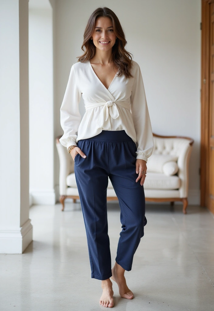 28 Trendy Outfit Pantalon Azul Marino Mujer To Refresh Your Closet - 22. Maternity Chic with a Wrap Top