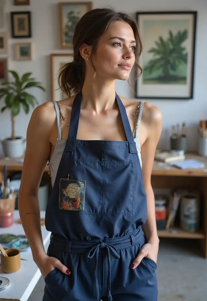 28 Trendy Outfit Pantalon Azul Marino Mujer To Refresh Your Closet - 23. Artsy Vibe with a Painter’s Smock