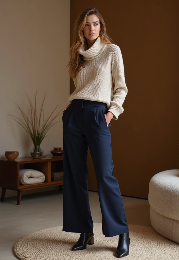28 Trendy Outfit Pantalon Azul Marino Mujer To Refresh Your Closet - 26. Effortless Elegance with a Cowl Neck Sweater