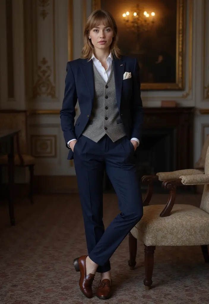 28 Trendy Outfit Pantalon Azul Marino Mujer To Refresh Your Closet - 27. Dapper Style with a Waistcoat