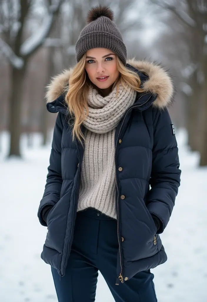 28 Trendy Outfit Pantalon Azul Marino Mujer To Refresh Your Closet - 28. Seasonal Layers with a Puffer Jacket