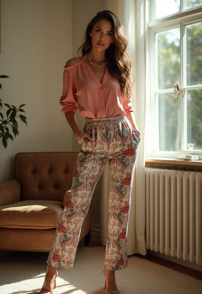 29 Chic First Date Outfit Ideas To Copy Right Now - 28. Daring Printed Pants