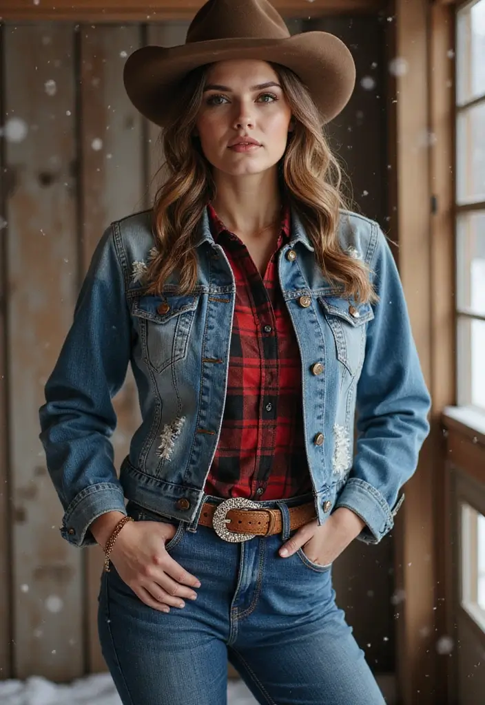 29 Fresh Winter Cowgirl Outfit Ideas You Need To Try - 1. Layered Flannel with a Denim Jacket